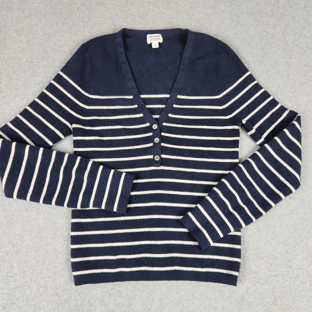 J.Crew‎ Marie Marot Sweater Womens Medium Navy Blue Tight Knitted Striped V-Neck
